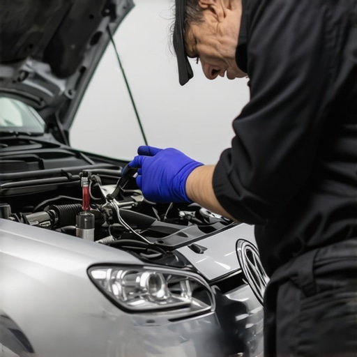 A mechanic checking power steering fluid and belts under the hood of a car.
