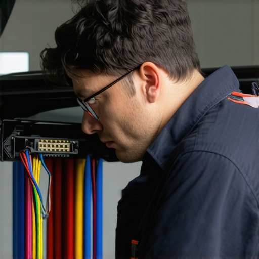 Technician checking wiring connections behind a car's rearview camera.