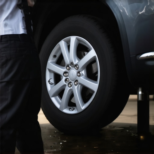Inspecting Wheel Bearings Mechanic conducting a wheel bearing inspection using tools and a hydraulic lift