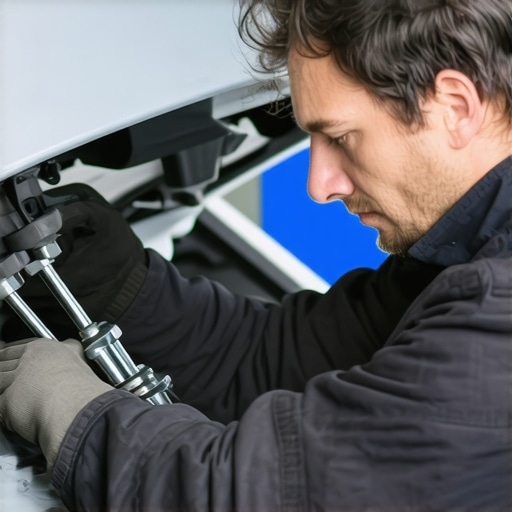 Garage technician examining windshield wiper mechanism during repair