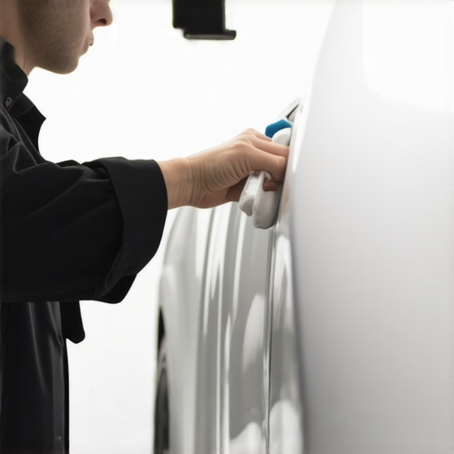 A car owner carefully cleaning a parking sensor during maintenance.