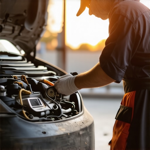 Mechanic checking car's exhaust system with a flashlight and tools.