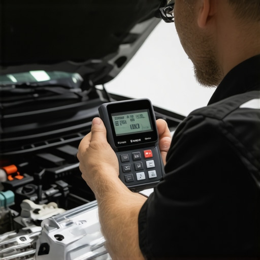 Modern Vehicle Diagnostics Equipment in Use Mechanic scanning a car's onboard diagnostics port with a digital scanner, showing active data display.