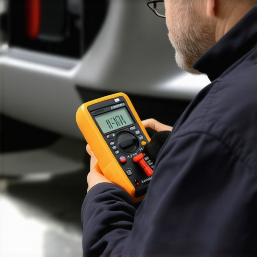 Modern Vehicle Diagnostics in Action Mechanic performing diagnostics with multimeter and scan tool