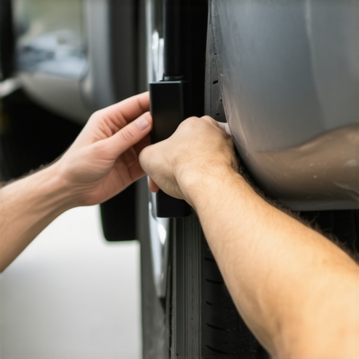 Person testing vehicle suspension by pressing down on car corner to check strut condition