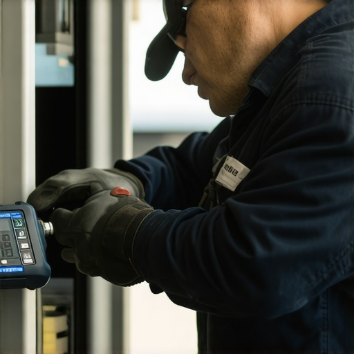 Mechanic tightening car lug nuts with a digital torque wrench in a well-lit garage.