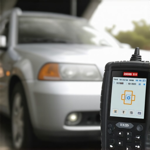 Close-up of an automotive technician using a diagnostic scanner on a vehicle in a garage.