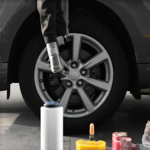 Mechanic applying body filler and sanding a car's wheel arch during collision repair.
