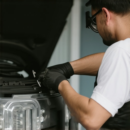 Person using tools to adjust the hood hinges of a car for proper alignment