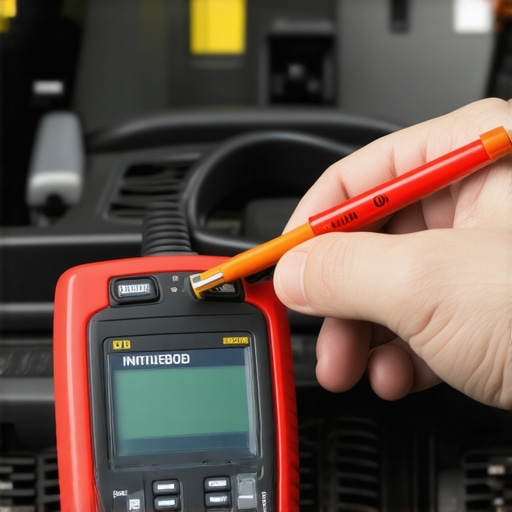 Technician using diagnostic tools on a vehicle engine for maintenance and troubleshooting