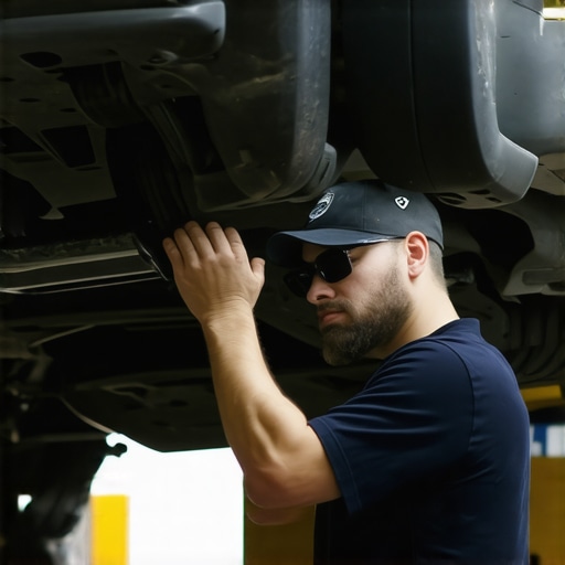 Mechanic inspecting suspension parts under a lifted car