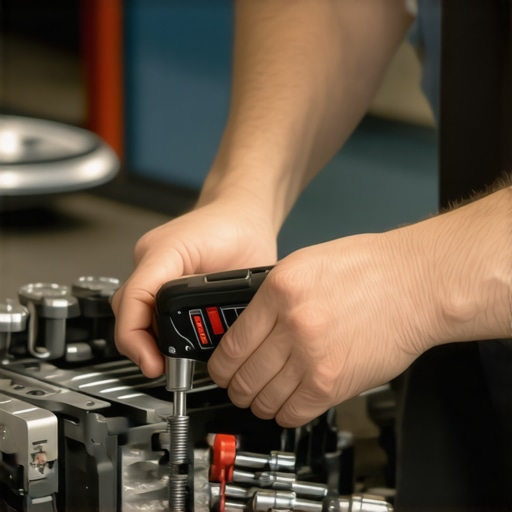 Mechanic holding a diagnostic scan tool and a wrench in a well-equipped garage.