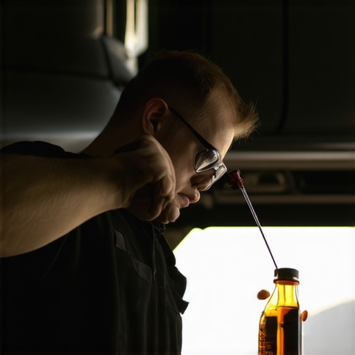 Technician checking transmission fluid level with a dipstick in a clean garage.