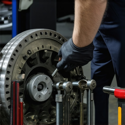 Mechanic inspecting car transmission with tools