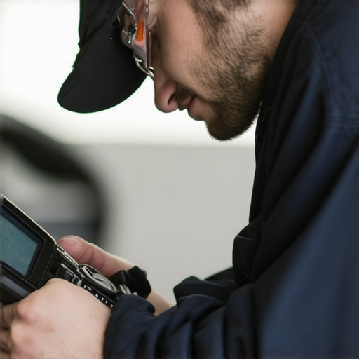 A mechanic operating a high-tech digital diagnostic scanner to inspect a vehicle's engine.