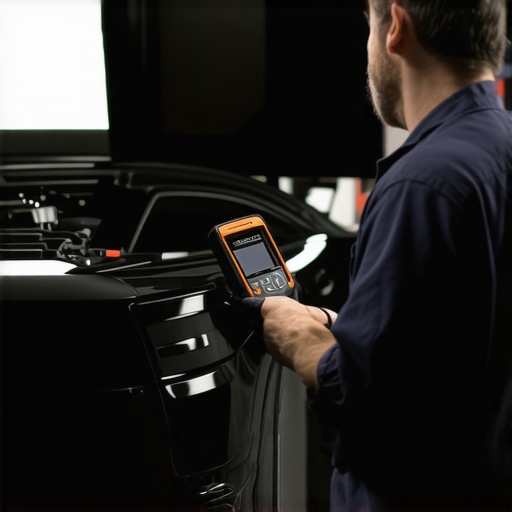 Using Diagnostic Tools for Car Maintenance Mechanic diagnosing a vehicle's transmission with an OBD-II scanner in a garage.