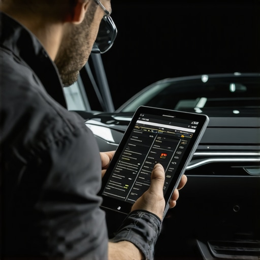 Mechanic operating OBD-II scanner with digital data overlaid
