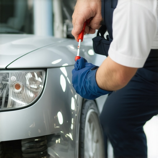 Hand applying a glue pulling method to repair a car dent in a workshop environment