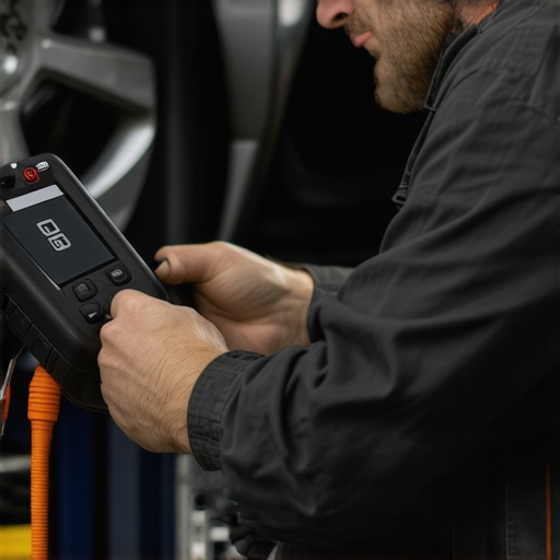 Mechanic working with a high-tech diagnostic tool to monitor car systems in a garage