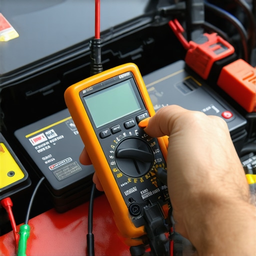 An automotive technician testing car electrical system with a digital multimeter in a workshop