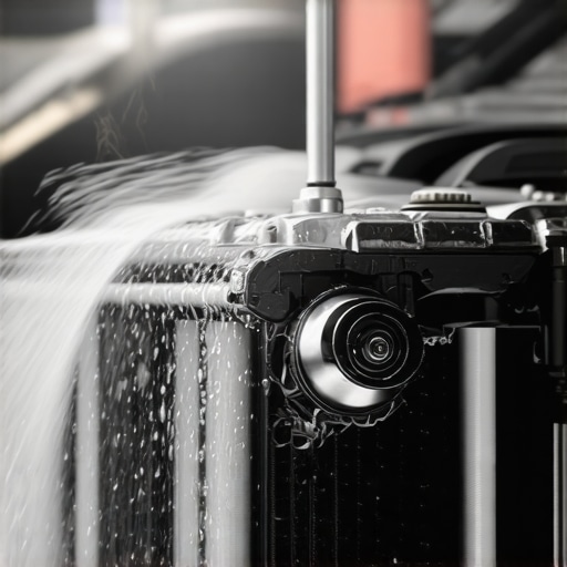 Technician flushing a car's radiator during routine cooling system service