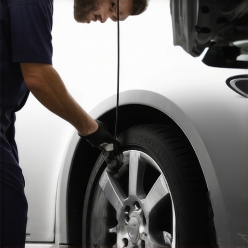Mechanic examining car wheel for signs of wear and damage during diagnosis.