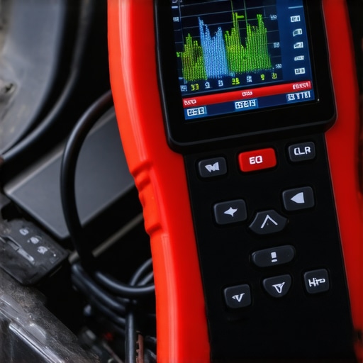 A mechanic using an automotive diagnostic scanner connected to a vehicle's OBD port to monitor engine performance and troubleshoot issues.