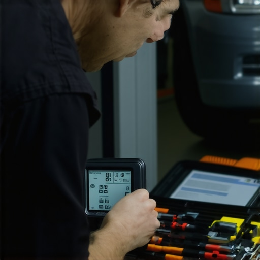 Mechanic diagnosing a car using a digital scanner and hand tools in a professional garage.
