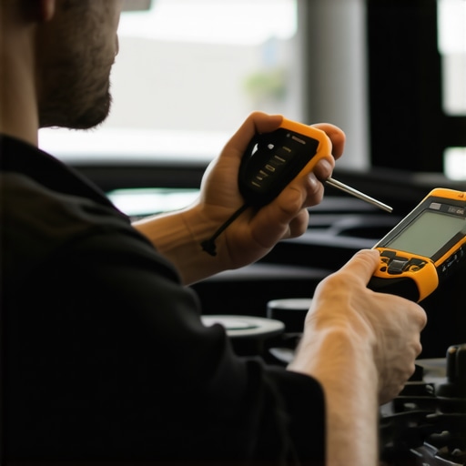 Mechanic measuring engine temperature with infrared thermometer and diagnosing with Bluetooth OBD-II scanner