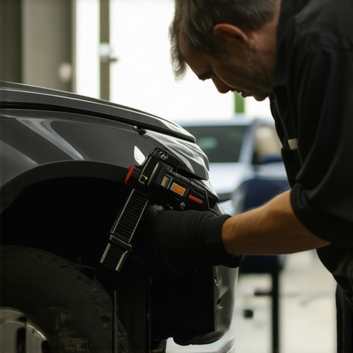 Mechanic using diagnostic tools to inspect a car's transmission system in a modern repair shop.
