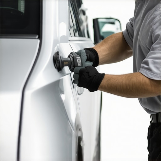 Technician carefully straightening a creased aluminum car door with hammer and dolly.