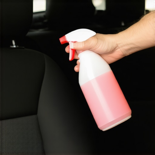 Person spraying cleaning solution onto fabric car seats inside a garage.