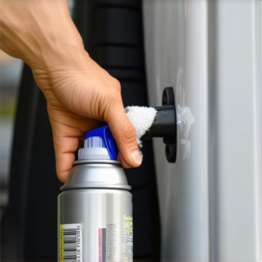 Person lubricating car door hinge with spray and cloth