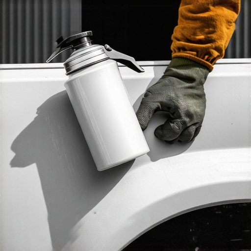 A person's hand holding a spray gun, applying textured primer to a car bumper to replicate factory finish.