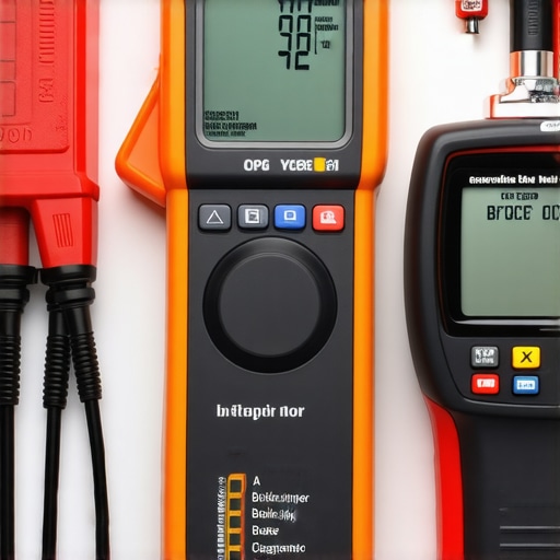 A collection of high-quality tools used by mechanics, including a multimeter, brake piston tool, and diagnostic scanner, on a workbench