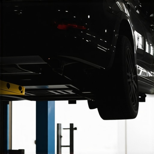 Mechanic inspecting car's brake system and suspension components during repair process