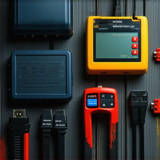 A detailed image showing essential diagnostic equipment for car maintenance, including scanners and testers.