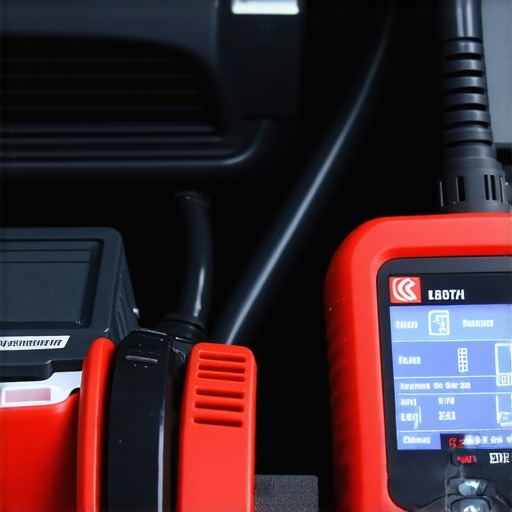 Automotive Diagnostic Scanner in Use Close-up of a mechanic's hand using an advanced OBD-II scanner on a car's port, display showing engine info