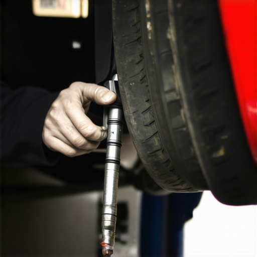 Mechanic bleeding brake lines to remove air bubbles from hydraulic system.