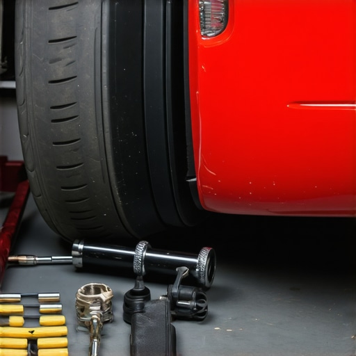 Technician performing brake bleeding in an auto repair shop with focus on brake system components.