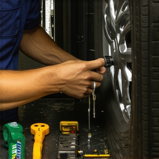 Mechanic bleeding brake fluid from a vehicle's wheel using a clear tube and wrench