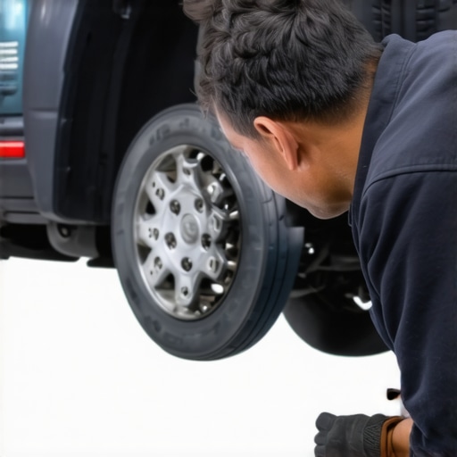 Mechanic inspecting brake pads and rotors during maintenance.