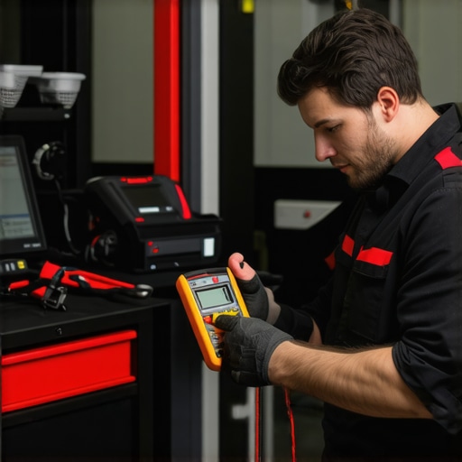 Calibrating Diagnostic Tools in a Garage Mechanic calibrating a digital multimeter for car diagnostics in a workshop.