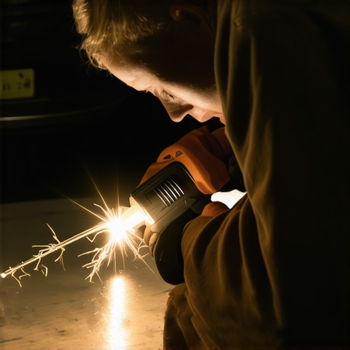Car bumper repair process Technician uses plastic welding tools to fix a bumper tab in a garage setting
