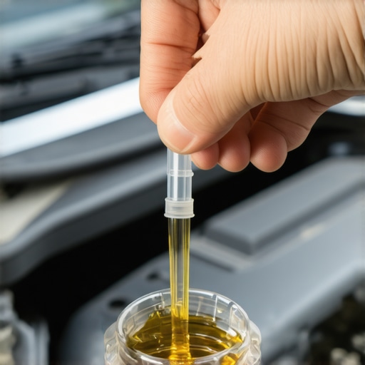 A mechanic's hand pulling out the transmission dipstick for fluid inspection.