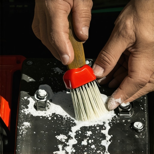 Person cleaning car battery terminals with wire brush and baking soda cleaner