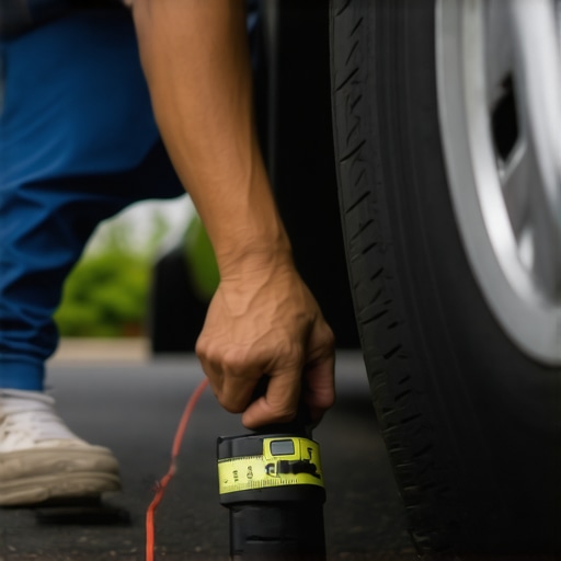 Person measuring car wheel alignment with string and tape measure in driveway.