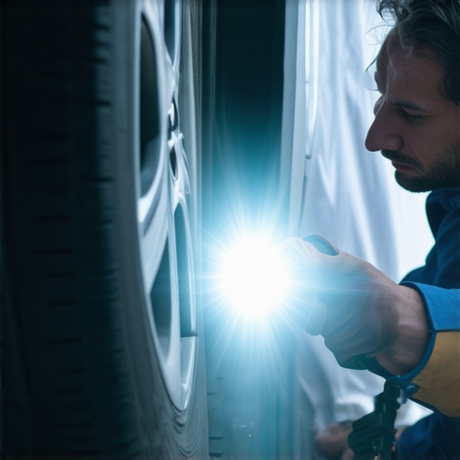 Mechanic examining the underside of a vehicle for transmission fluid leaks with a flashlight