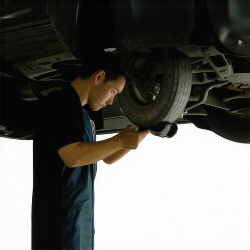 Mechanic checking brake components under vehicle