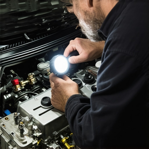 A mechanic using a flashlight to inspect an engine's valve area, diagnosing tapping noise
